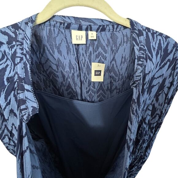 Gap Silky Split Neck Cinch Waist Dress NWT Women's Sz XL Blue Bohemian Ikat Chic - Picture 5 of 8